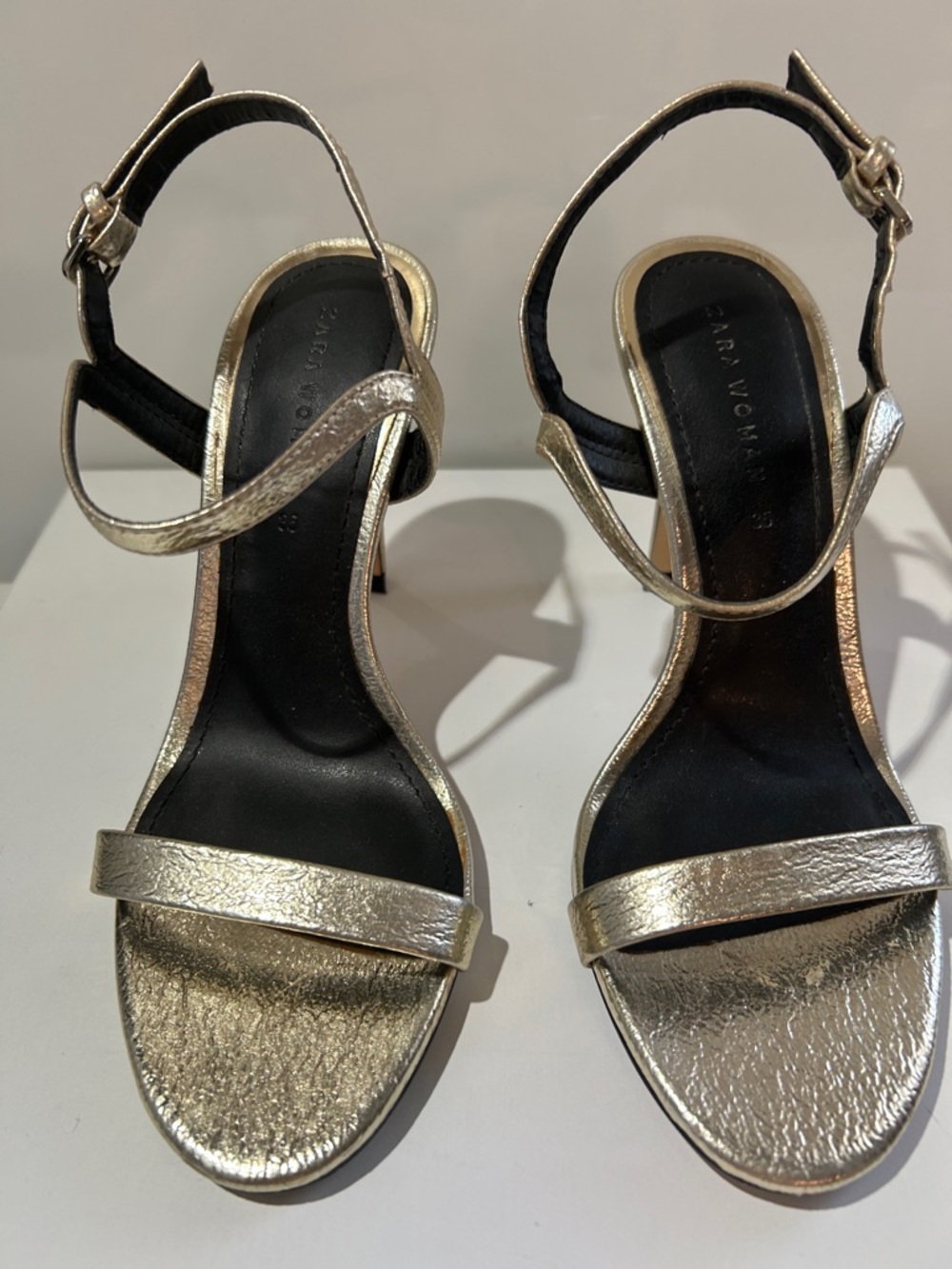 Zara Metallic Gold Ankle-Strap High Heel Sandals